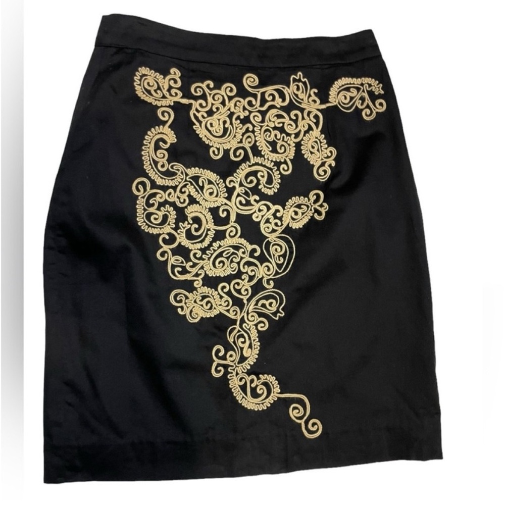 Floreat Black Paisley Paths Embroidered Pencil Skirt Baroque Folk Scroll SZ 4